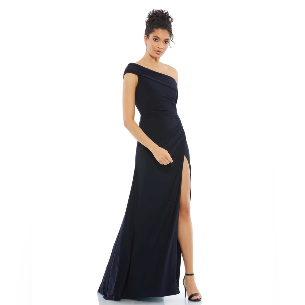 Mac Duggal Foldover Ruched Jersey Off-The-Shoulder Slit Gown Size 8 Navy